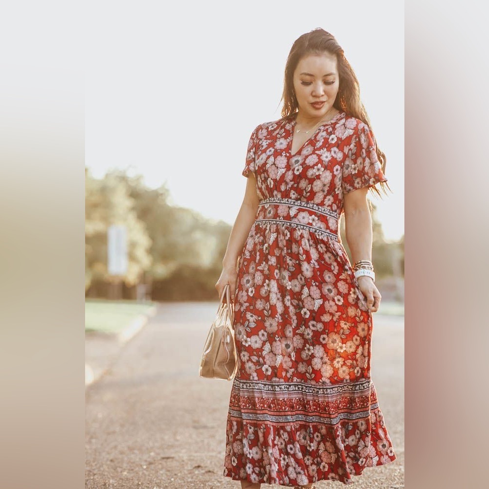 Knox Rose Red Boho Chic Floral Midi Dress Romantic Cottagecore XS - Picture 4 of 7